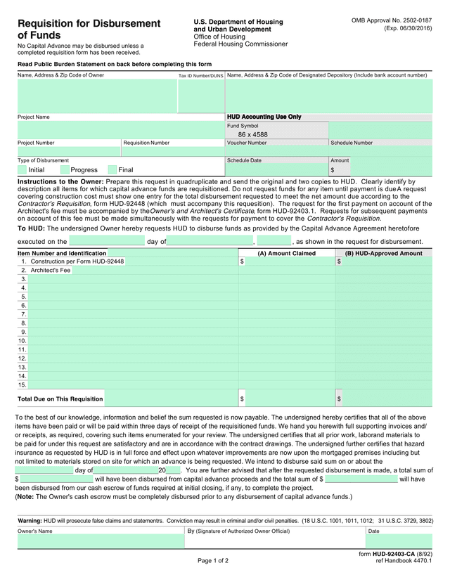 HUD 92403 CA Requisition For Disbursement Of Funds screenshot