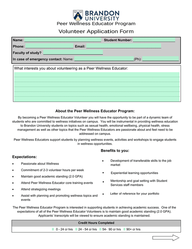 Peer Wellness Educator Program Volunteer Application Form screenshot