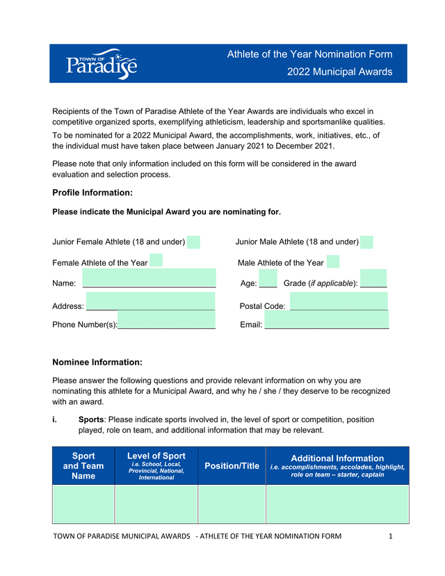 Athlete Of The Year Nomination Form screenshot