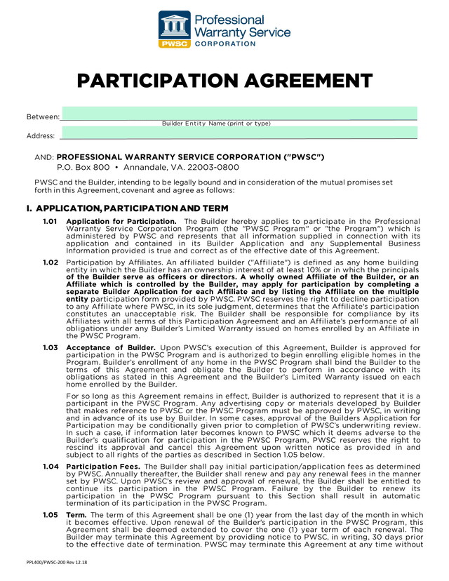 PPL400PWSC 200 Participation Agreement screenshot