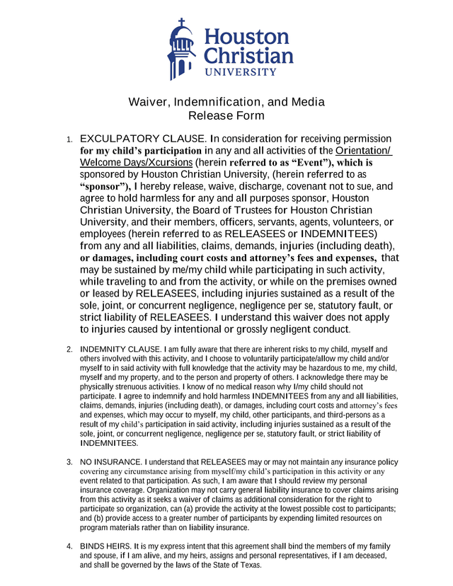 Waiver, Indemnification, And Media Release Form screenshot