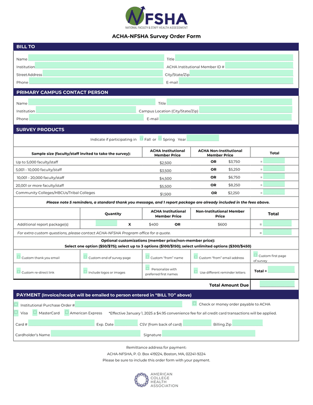 ACHA NFSHA Survey Order Form screenshot