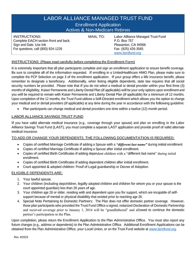 Labor Alliance Savings Trust Fund Enrollment Form screenshot