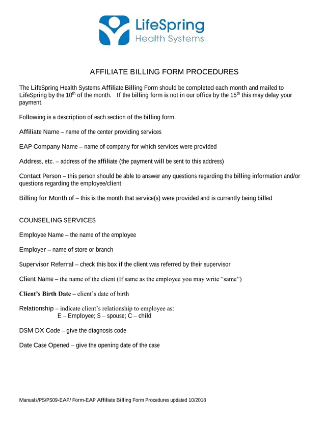 Affiliate Billing Form Procedures screenshot