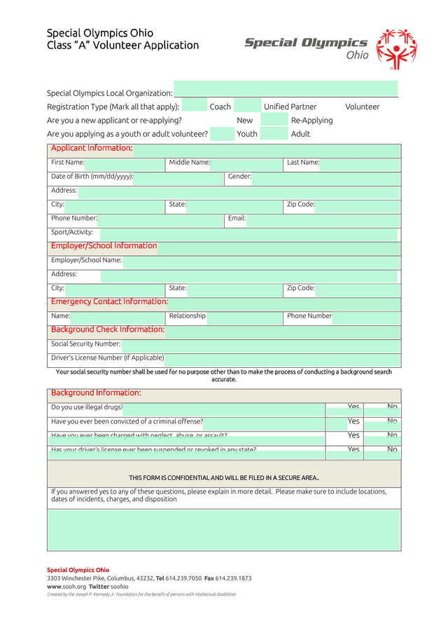 Special Olympics Ohio Class A Volunteer Application screenshot