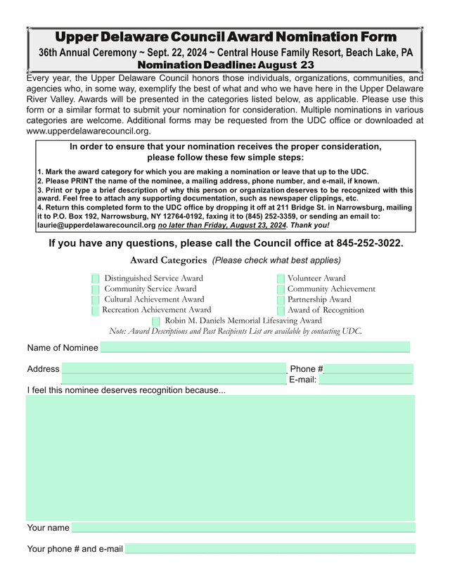 Upper Delaware Council Award Nomination Form screenshot