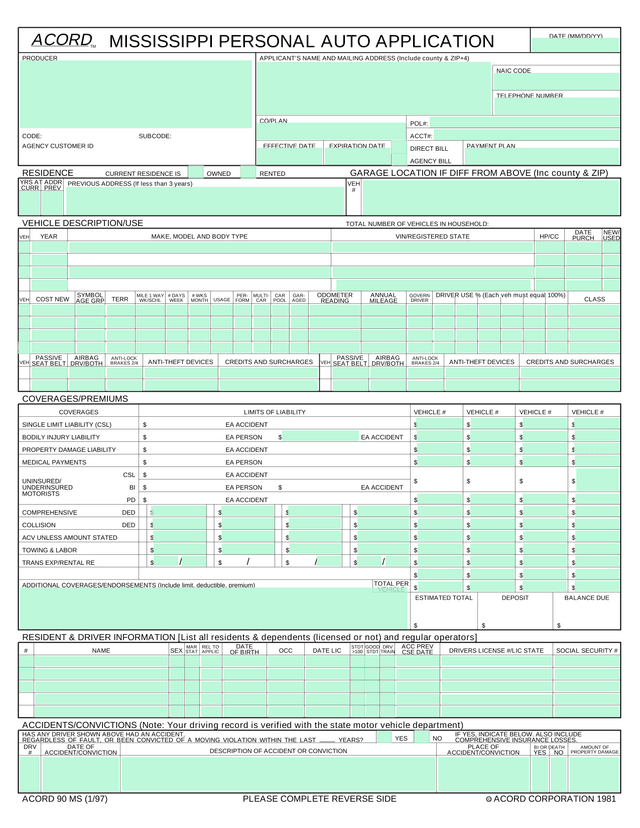 Mississippi Personal Auto Application (ACORD 90 MS) screenshot