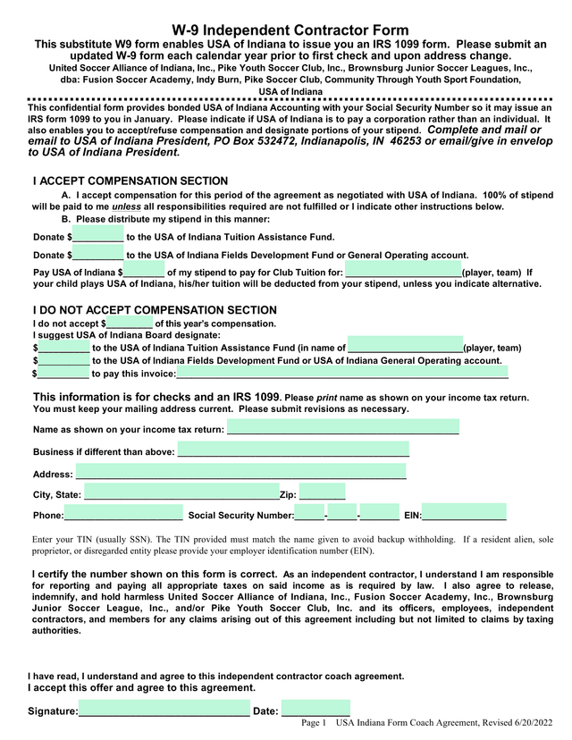 USA Of Indiana Independent Contractor Coach Agreement screenshot