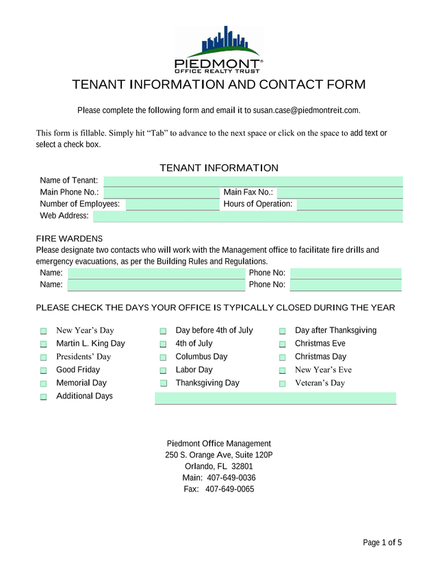 TENANT INFORMATION AND CONTACT FORM screenshot