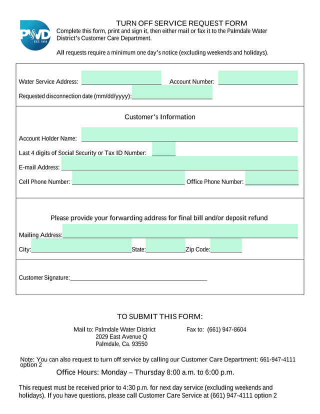 Turn Off Service Request Form screenshot