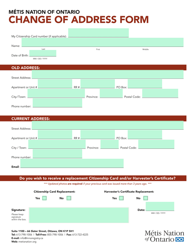 Change Of Address Form screenshot