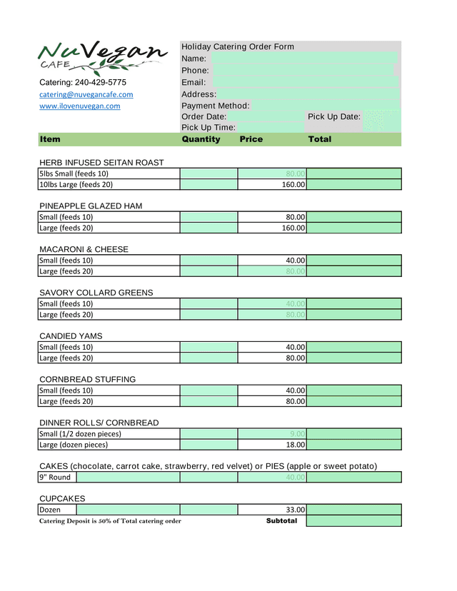 Holiday Catering Order Form screenshot