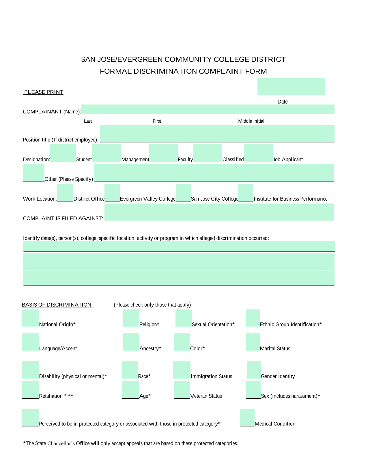 SAN JOSEEVERGREEN COMMUNITY COLLEGE DISTRICT FORMAL DISCRIMINATION COMPLAINT FORM screenshot