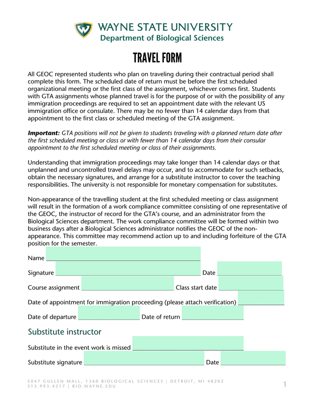 TRAVEL FORM screenshot