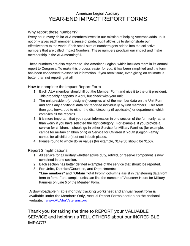 American Legion Auxiliary Year End Impact Report Forms screenshot