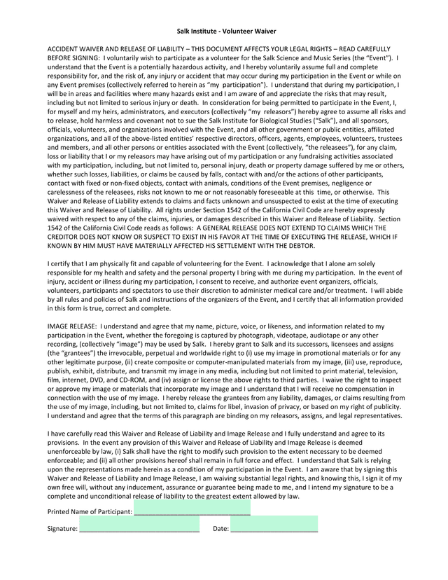 Salk Institute   Volunteer Waiver screenshot