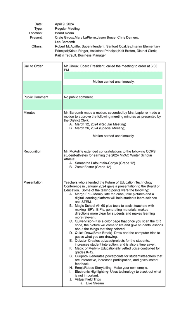 School Board Meeting Minutes screenshot
