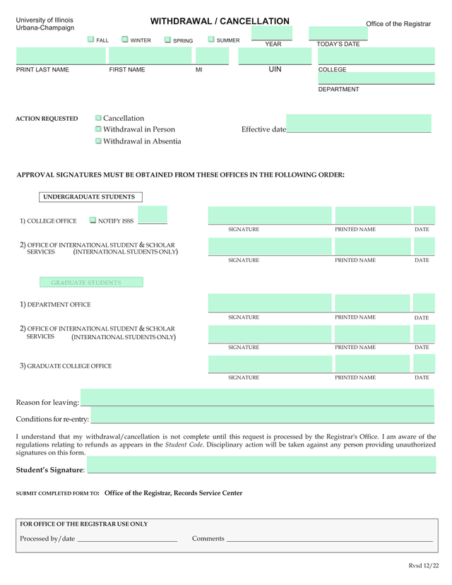 University Of Illinois Urbana Champaign Withdrawal  Cancellation Form screenshot