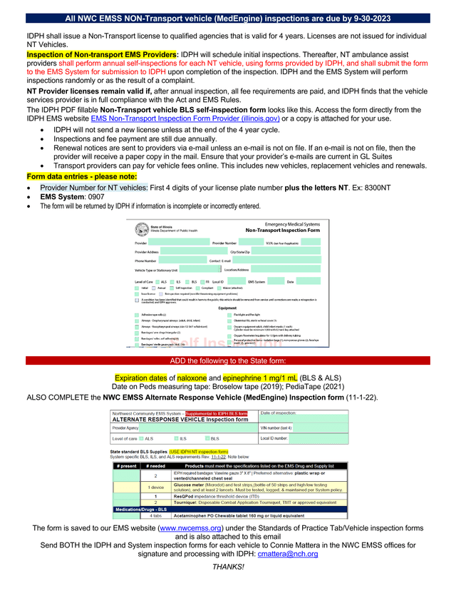 IDPH Non Transport Vehicle EMS Self Inspection Form screenshot