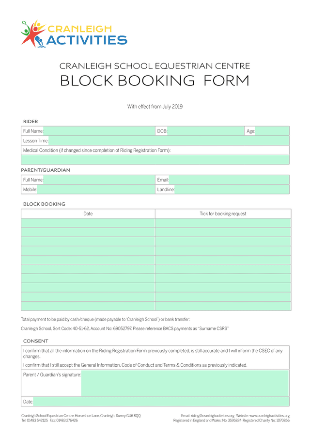 Cranleigh School Equestrian Centre Block Booking Form screenshot