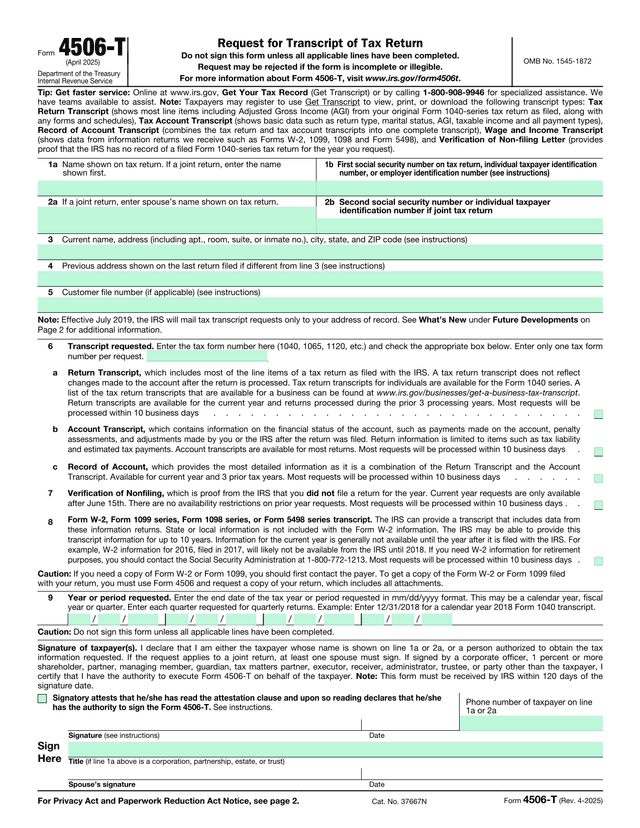 Request For Transcript Of Tax Return (Form 4506 T) screenshot