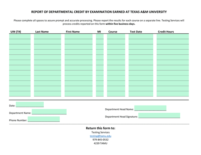 Report Of Departmental Credit By Examination Earned At Texas AM University screenshot