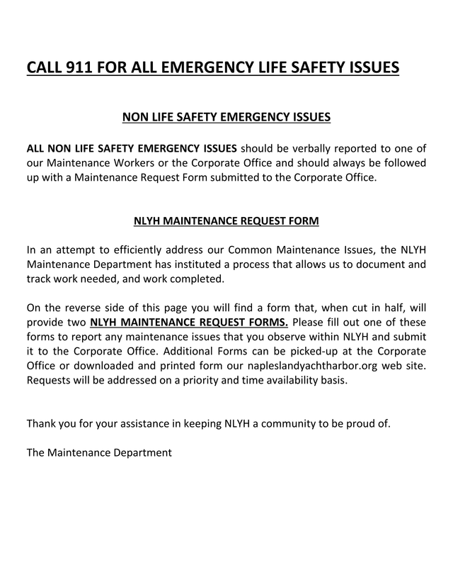 NLYH Maintenance Request Form screenshot