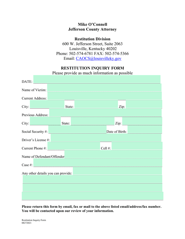 Restitution Inquiry Form screenshot