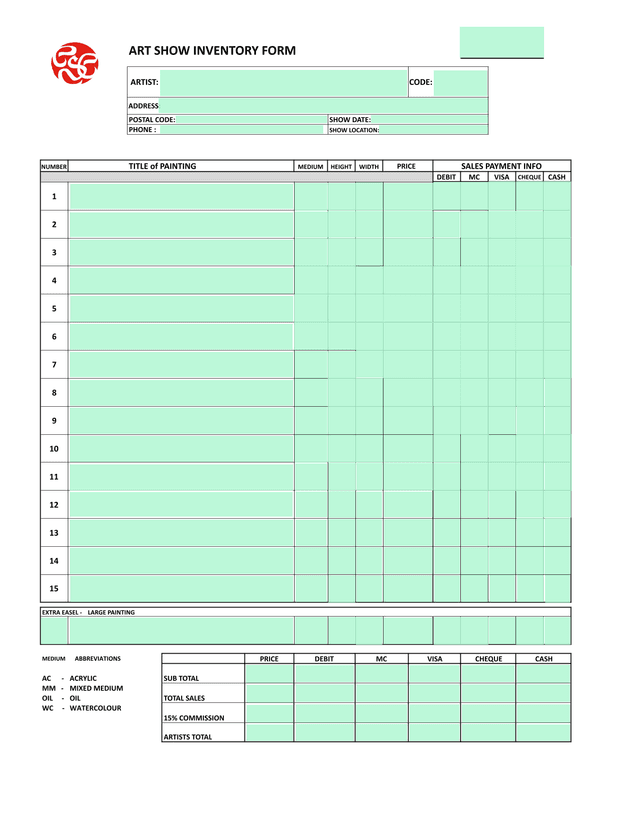 ART SHOW INVENTORY FORM screenshot