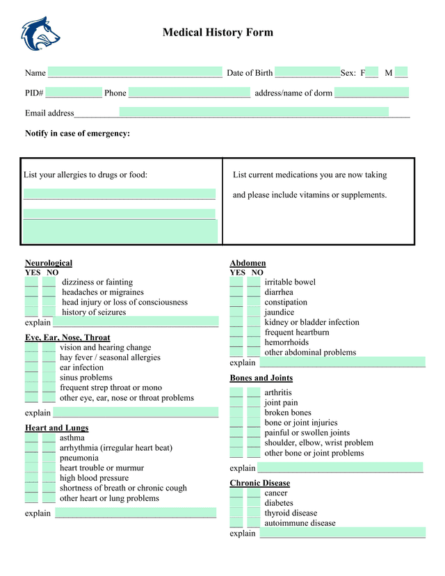 Medical History Form screenshot