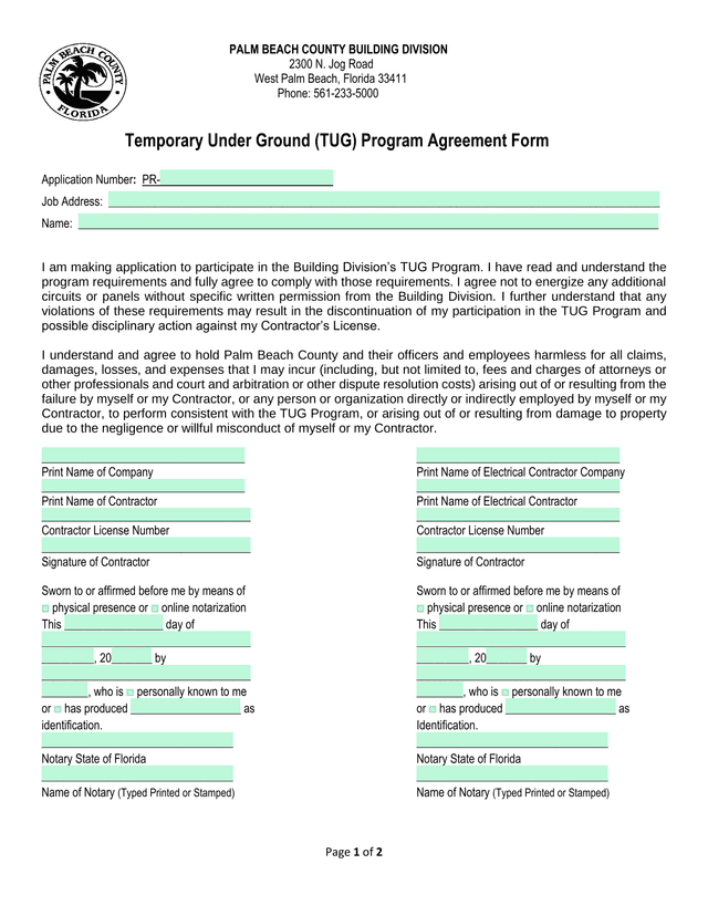 Temporary Under Ground (TUG) Program Agreement Form screenshot