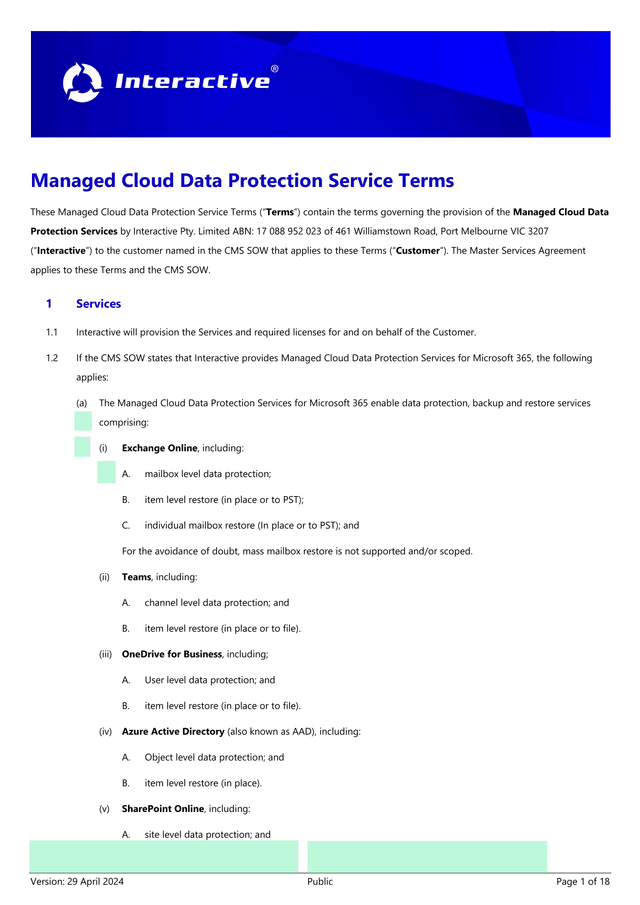 Managed Cloud Data Protection Service Terms screenshot