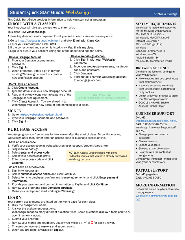 WebAssign Quick Start Guide screenshot