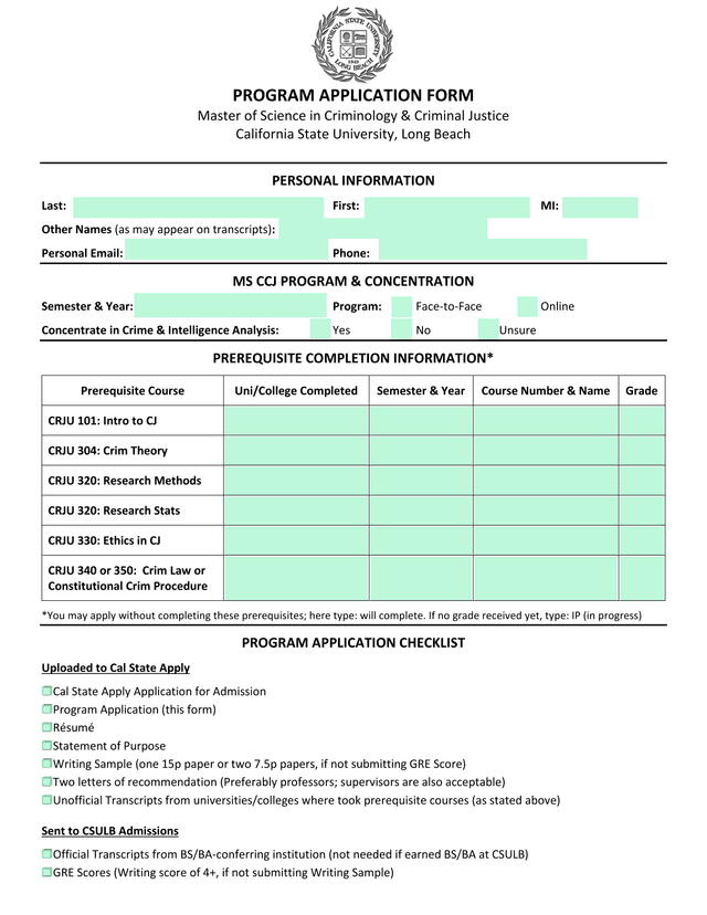 Program Application Form Master Of Science In Criminology  Criminal Justice screenshot