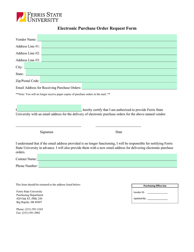 Electronic Purchase Order Request Form screenshot