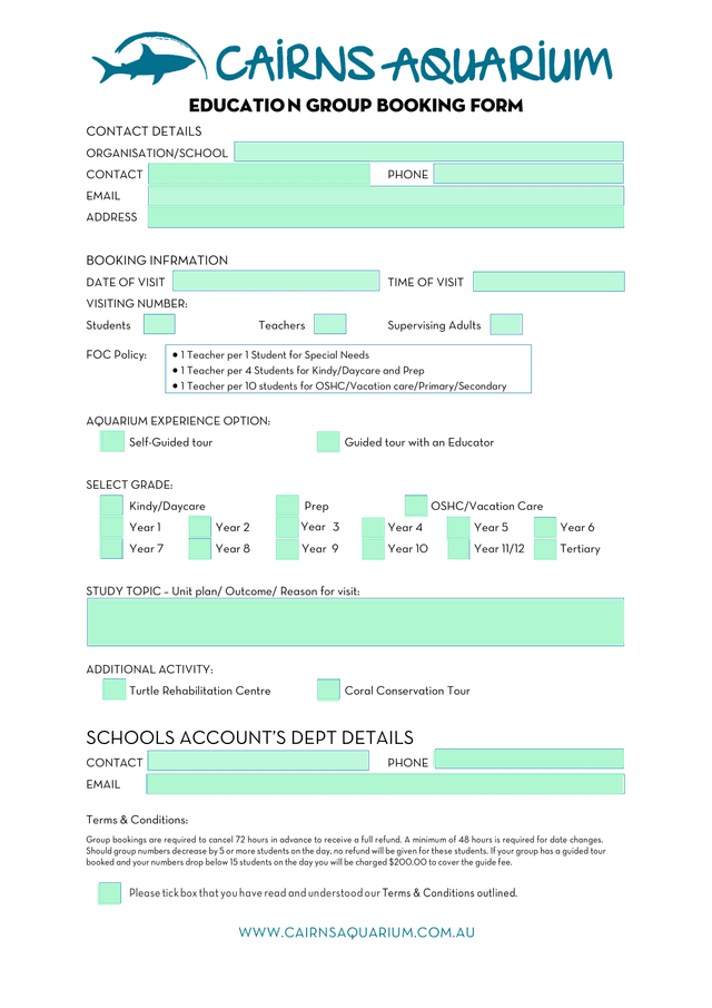 Education Group Booking Form screenshot