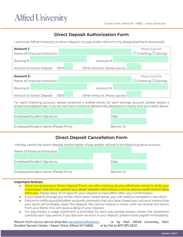 Direct Deposit Authorization Form screenshot