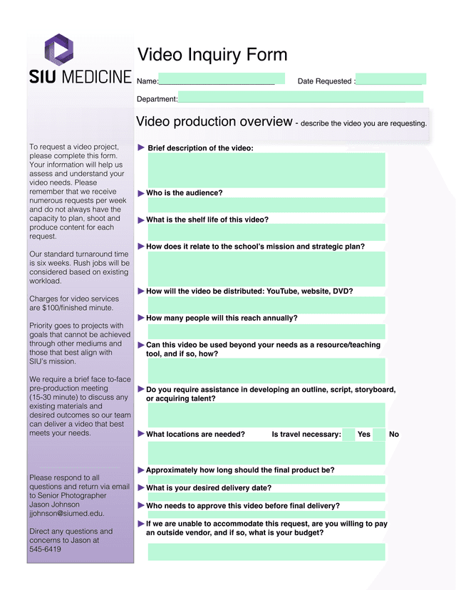 Video Inquiry Form screenshot