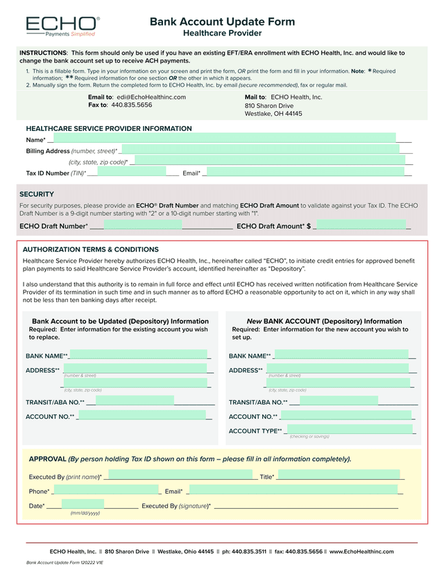 Bank Account Update Form screenshot