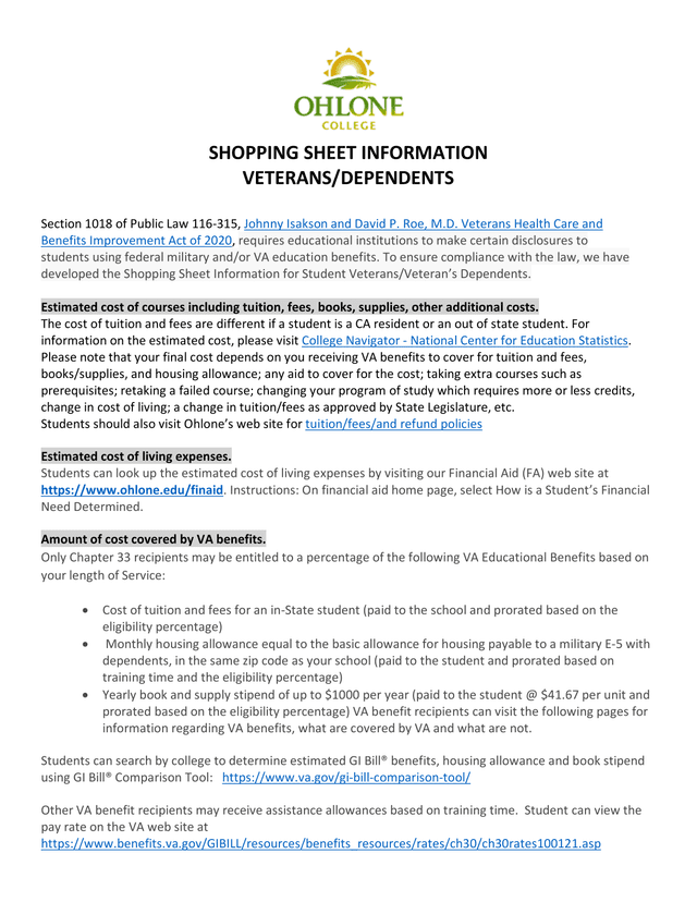 Shopping Sheet Information For VeteransDependents screenshot