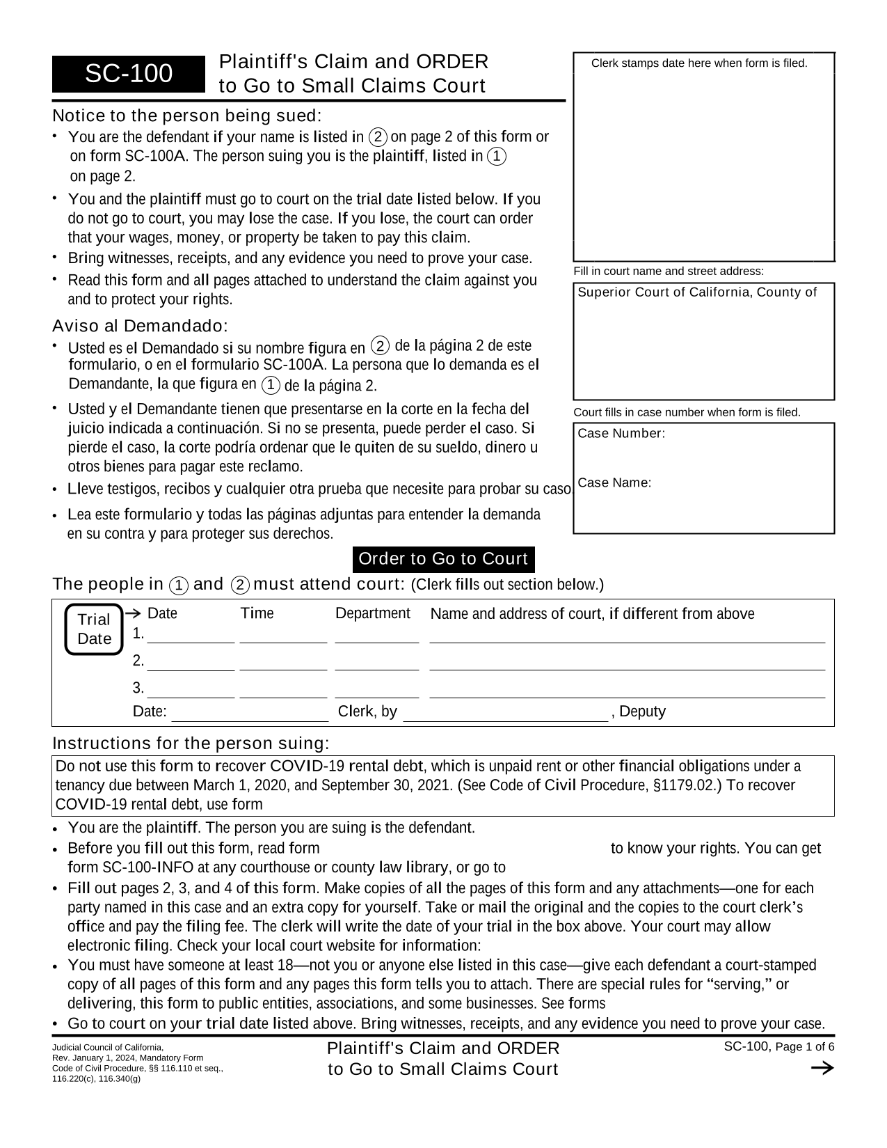 CA Small Claims Court SC 100 screenshot