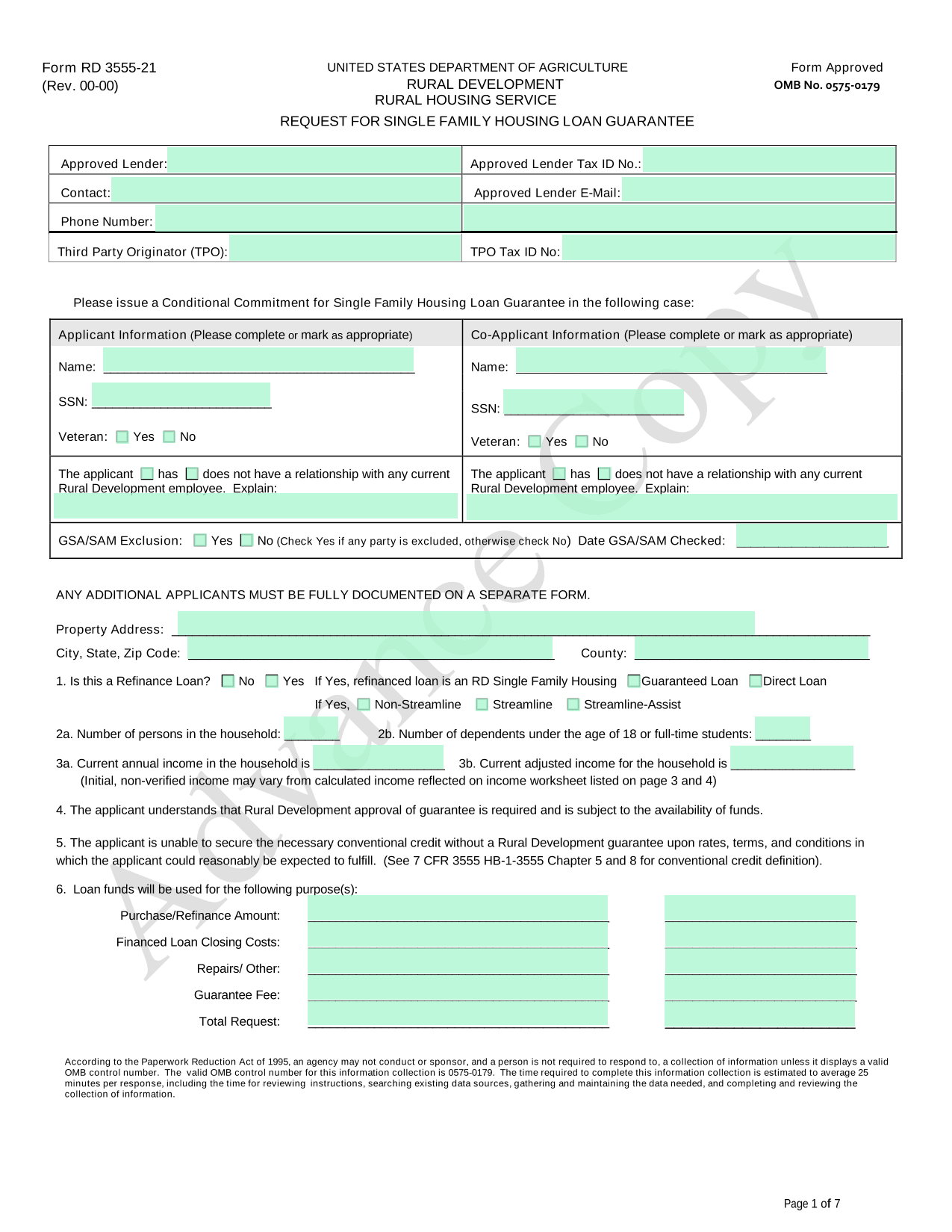 Rural Housing Service Loan Guarantee Request (RD 3555 21) screenshot