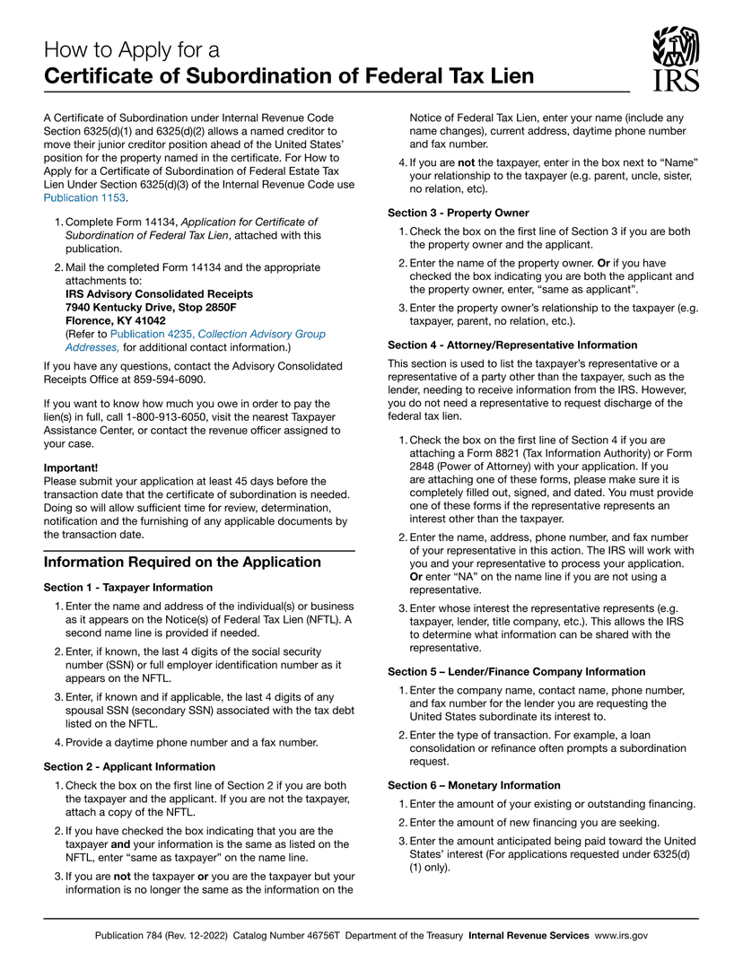 10784 Form.pdf Publication 784 How To Apply For A Certificate Of Subordination Of ...