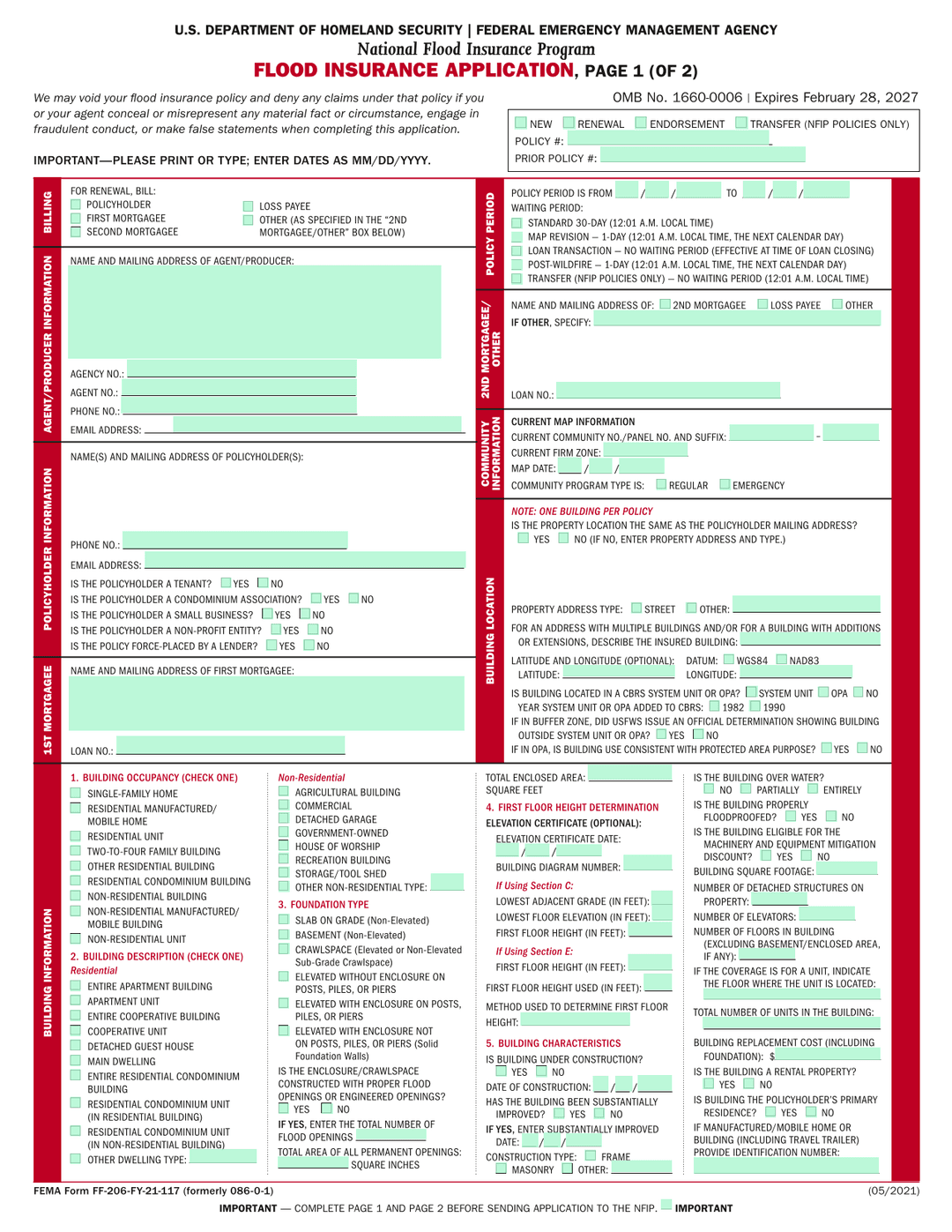 Nfip Declarations Page Example Flood Insurance Application (NFIP Page 1)