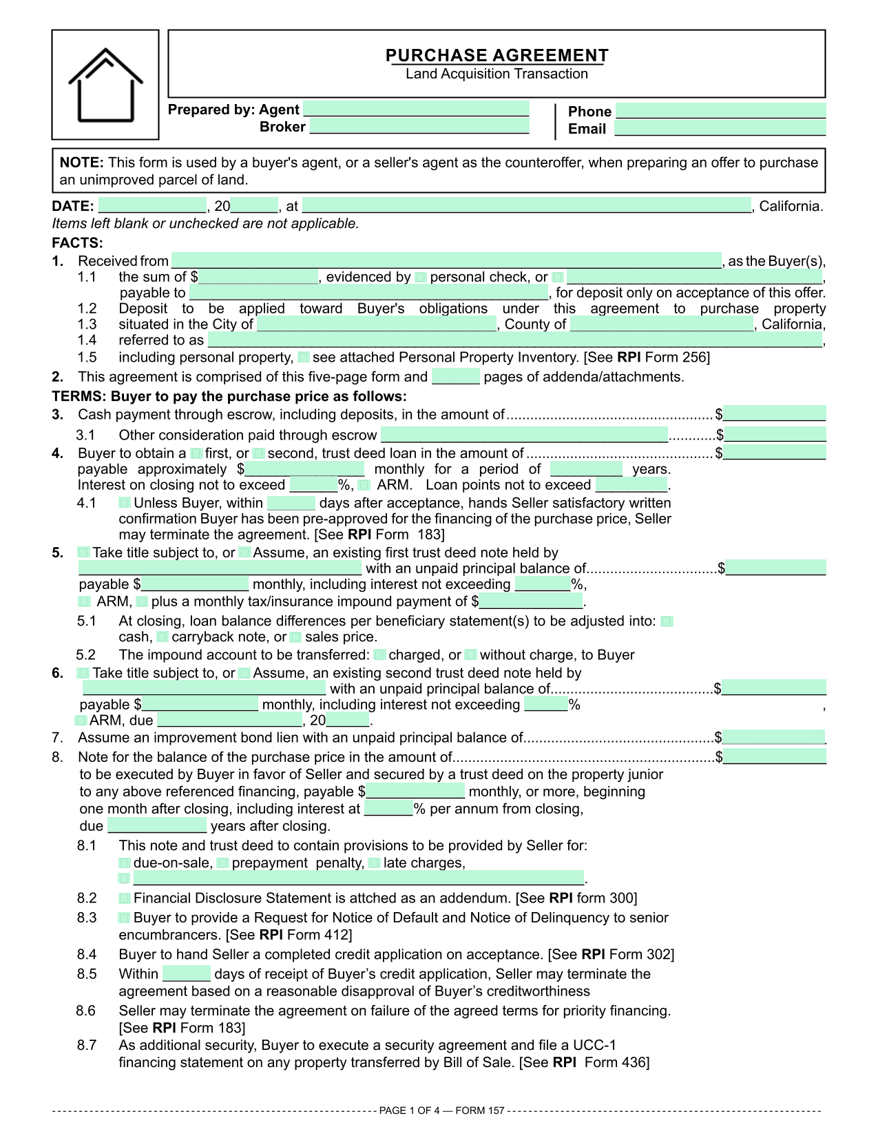 Unimproved Land Purchase Agreement (RPI 157) screenshot