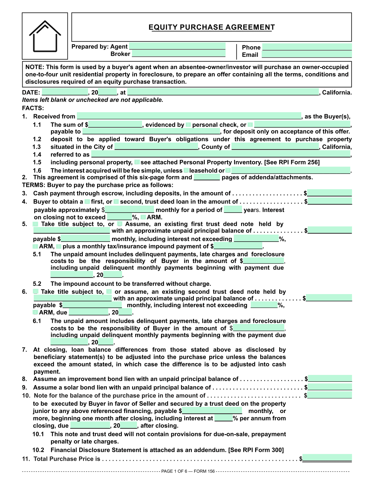Residential Purchase Agreement (RPI 151) screenshot