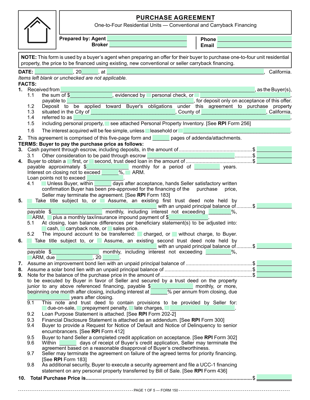Residential Purchase Agreement (RPI 150) screenshot