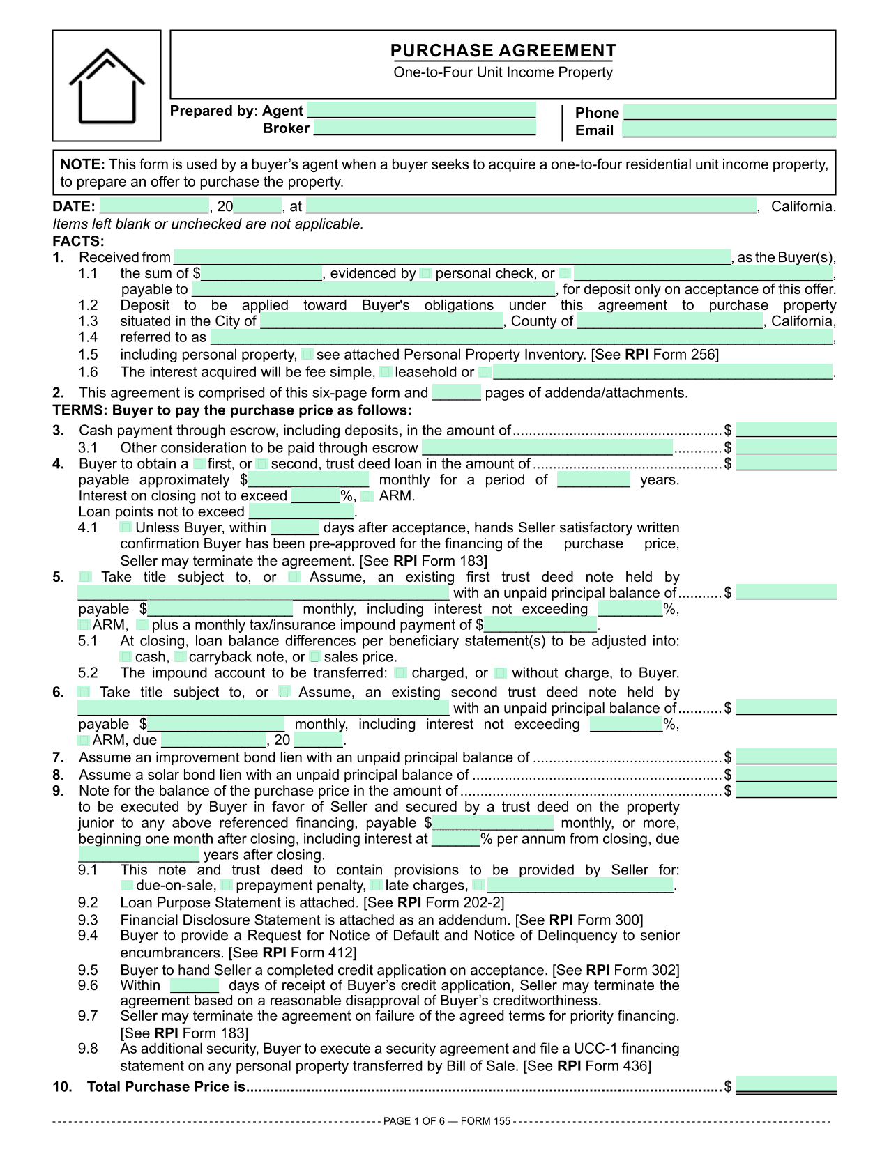 Residential Purchase Agreement (RPI 155) screenshot