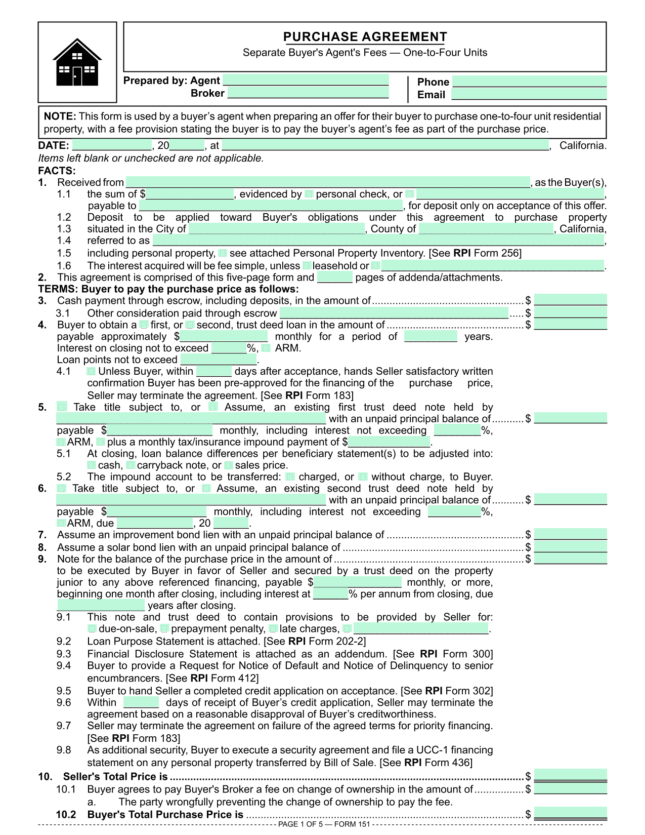 Residential Purchase Agreement (RPI 151) screenshot