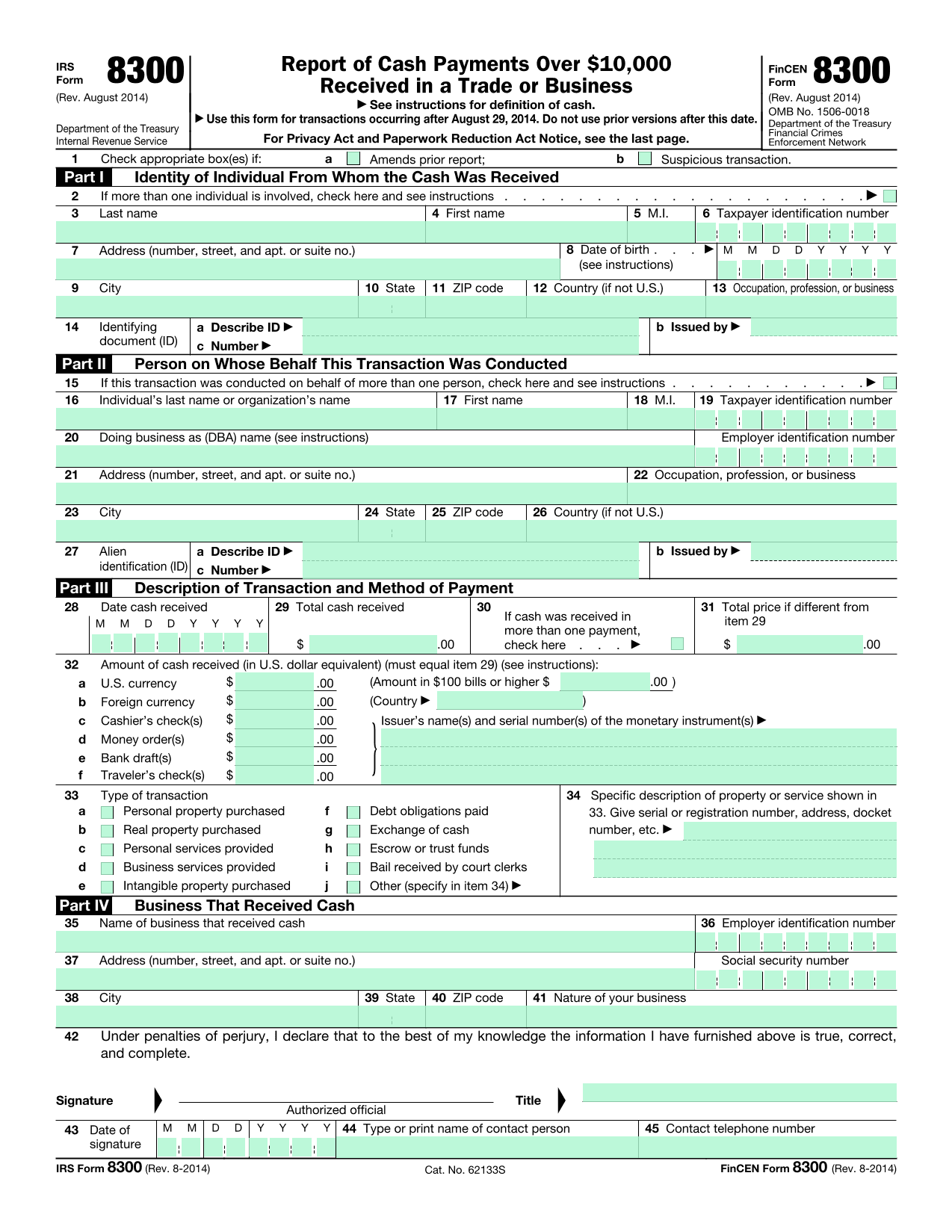 IRS Form 8300 screenshot